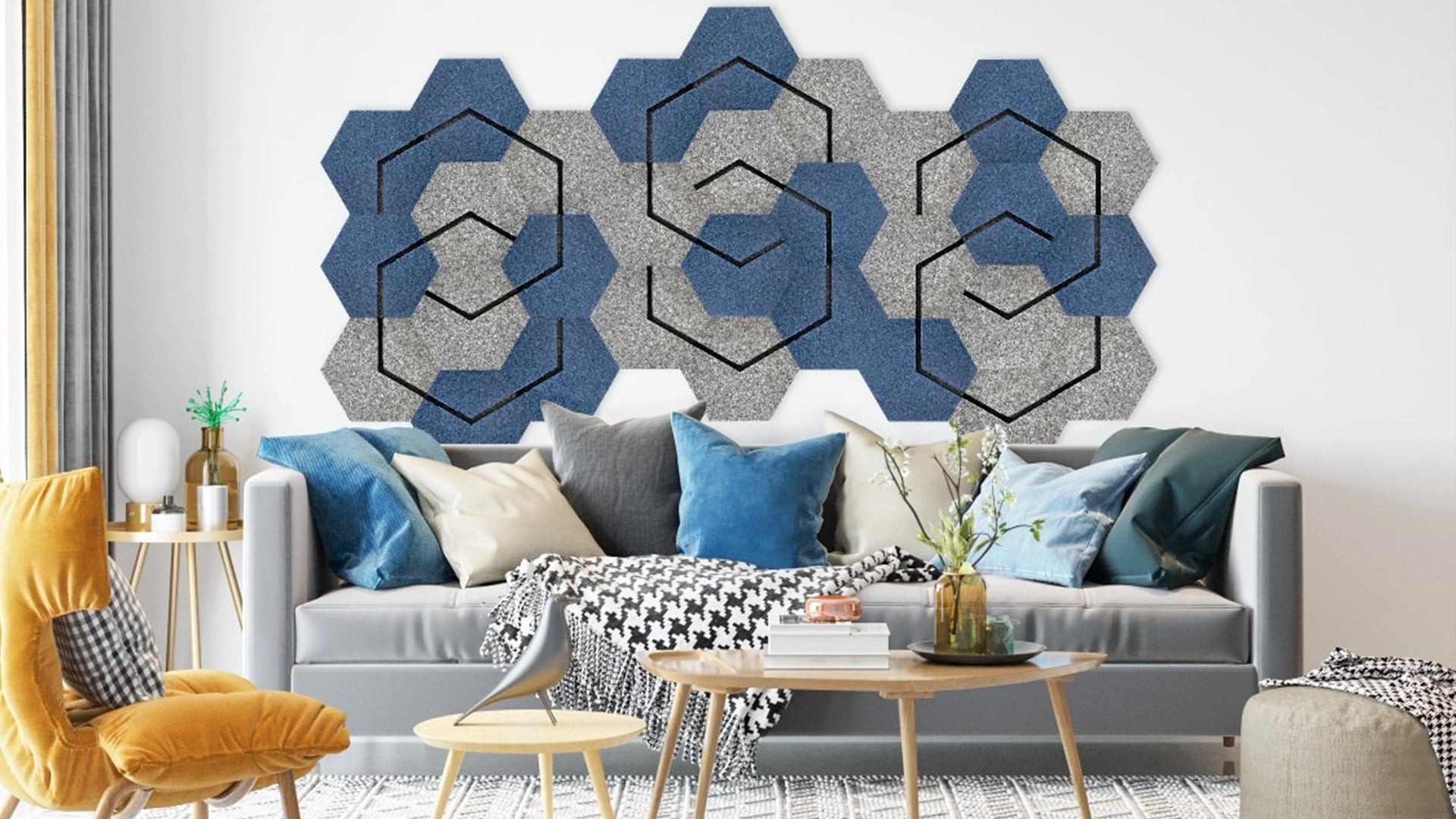 Decorative 3D Felt Wall Tiles DECO2 in white and gey colour interior Decormania UK